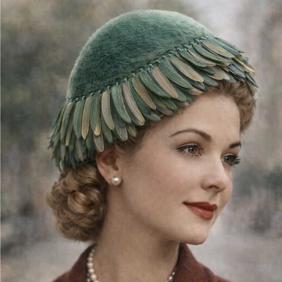 Frances & Walter Nelkin Accessories - 1960s Nelkin Green Faux Fur Feather Hat Grenadier Austria Vintage Hollywood